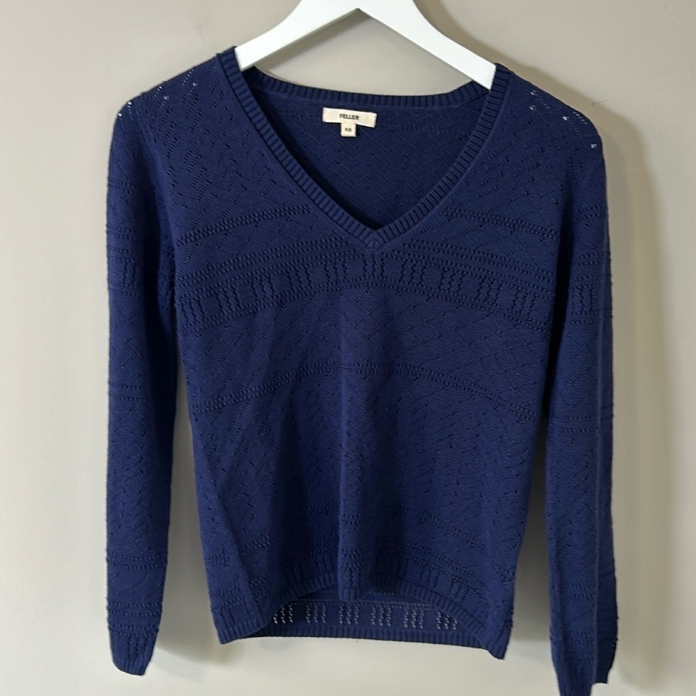 FELLER Organic Pima Cotton DIONNE POINTELLE PULLOVER Vneck Sweater Blue Sz XS